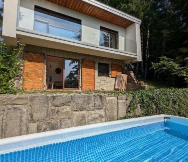 Roznow Villa | Modernistyczna willa poety i aktorki, z widokiem na jezioro i góry oraz prywatnym basenem, sauną, kominkiem, lasem i ogrodem