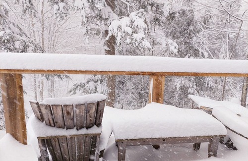 Craftsbury Cabin | Northwoods Guest Cabin and firepit & porch overlooking private woods and stream