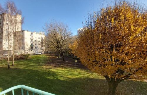 Bourg-l'Eveque Apartment | Terrasse, vue sur jardin arboré et place de parking