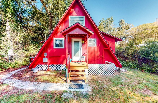 Adorable A-Frame with Riverfront Yard, Fishing Pier, & Firepit