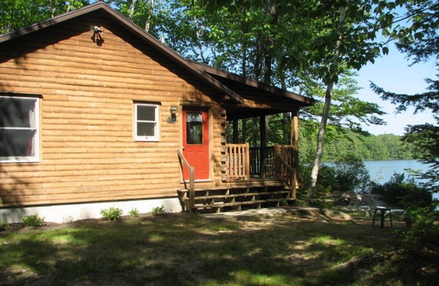 Cozy Cedar Log Cabin on Pristine Sand Pond in Norway, great for swimming.