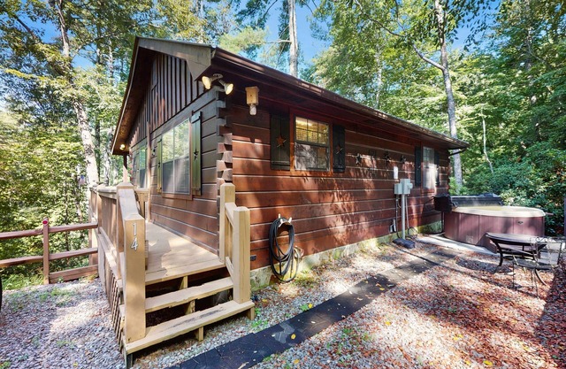 Forest view cabin with private hot tub, furnished deck, fireplace, and grill