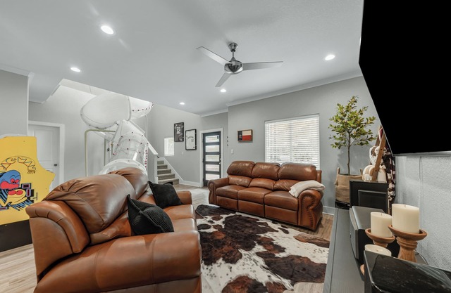Howdy Hideaway! Texas-Sized Fun at A&M: Arcade, Slide, Fire Pit, 85" TV & More!