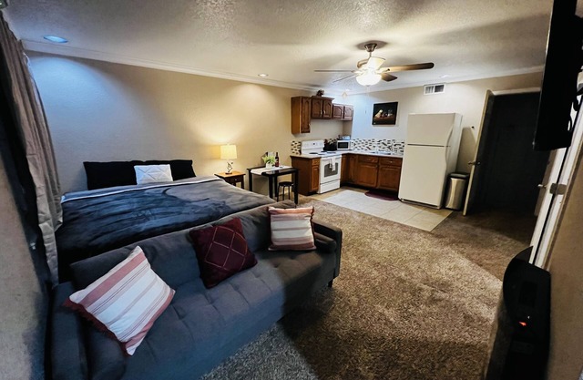 Large studio: King bed, Full kitchen