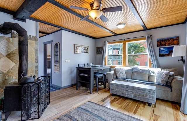 Mountain-view condo in central location with wood stove