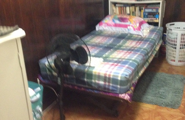 Room with TV,desktop,closet,bed,chest of drawers. Can sleep two comfortably.