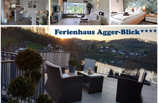 Seeblick-Ferienwohnung im "Ferienhaus Agger-Blick" mit traumhafter Sonnen-Terrasse, Sauna, E-Kamin & Kajak
