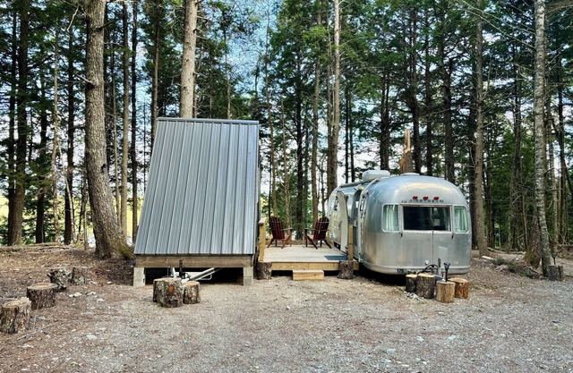 Vintage Downeast Airstream + Tiny House A-Frame Cabin near Acadia, Fabulous View