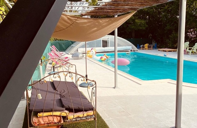 white stone cottage in the countryside, with swimming pool. Magnificent view