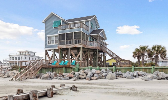 Folly Beach House | 1 Summer Place! Private Volleyball Ct, Spacious Decks, Screen Porch - Pet Friendly - Oceanfront