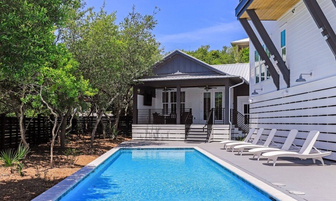 Dune Allen Beach House | 30 BAIRD: Modern BOHO Beach Home by Stinky's, 50ft Private Pool, Carriage house, Golf cart available
