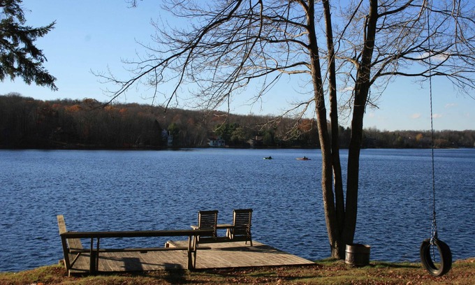 Pocono Lake House | 5 Bedrooms, 3 Decks, Private Dock, Pool Table, Foosball Family Charmer