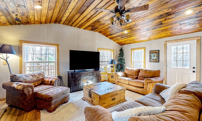 McHenry Cabin | Dog-friendly cabin close to lake/skiing with firepit, deck, fireplace, & W/D