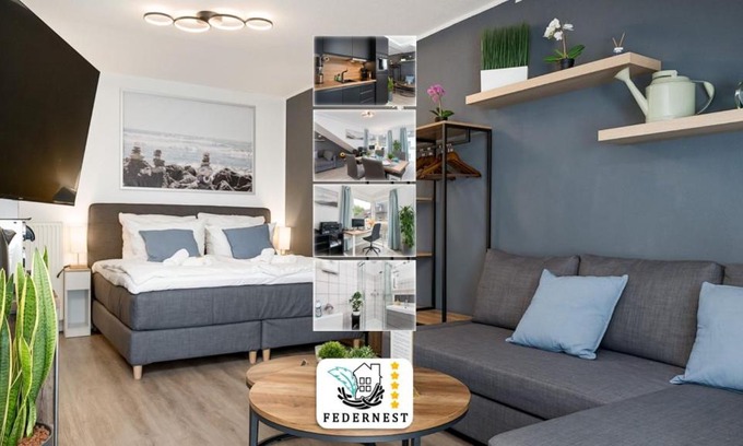Ruhrort Apartment | Federnest - Luxus-Studio - Kingsize Boxspringbett - Home-Office mit Monitor und Drucker - 11 Min Hbf