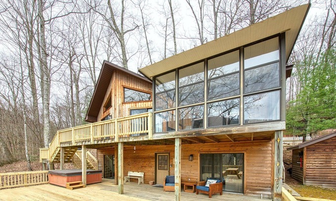 Maggie Valley Cabin | Hidden Cove Hideaway provides rustic enjoyment, views, hot tub, WiFi, AC.