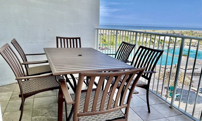 Orange Beach East Condo | Huge Balcony with Bay & Gulf Views on the 5th Floor and a LAZY RIVER & CABANAS!
