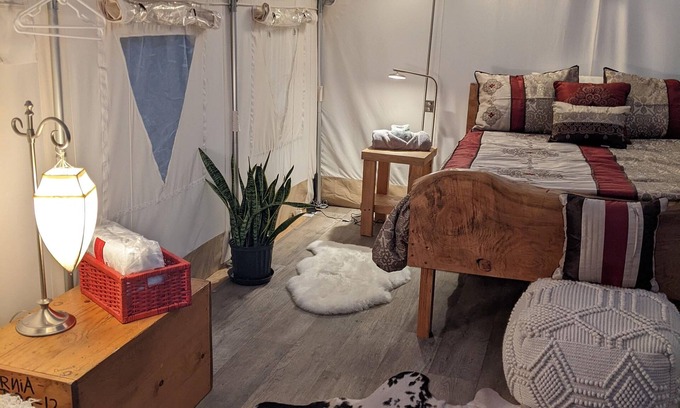 Sequim RV Rental | Madrona Glamping Tent with heater and fridge.