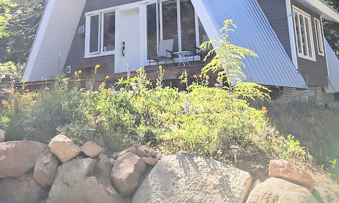 Comox Valley Cabin | Mountain oasis, Custom timber A-frame with hot tub and fire pit. Pet friendly.