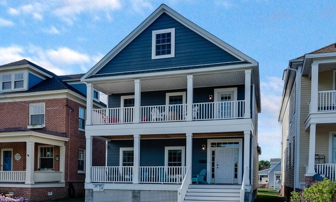 Cape Charles House | Overlooking Park with 1st and 2nd Floor Primary Suites.