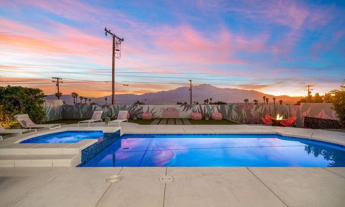 Desert Hot Springs House | PinkBlissHouz: Pool, Spa, Firepit, Themed Rooms