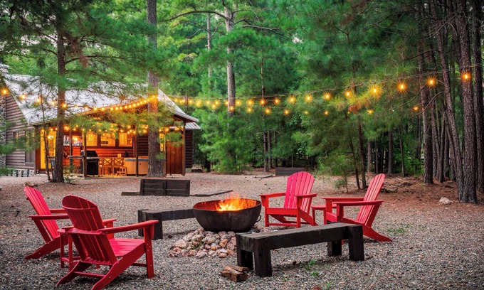 Hochatown Cabin | Secluded Stylish Cabin - Large Patio, Hot Tub, Fire Pit, Arcade, Pets OK