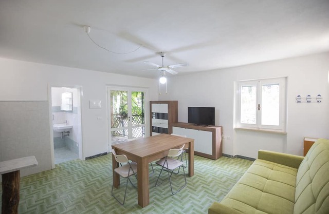 Located on the ground floor, it consists of a living room with kitchenette and sofa bed, a double be